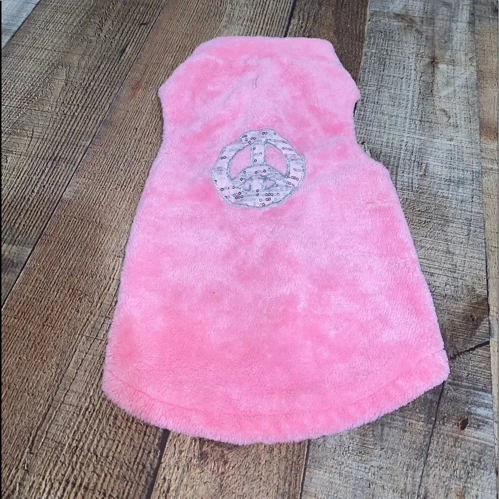 Fuzzy pet dog sweater jacket pink sequin‎ peace sign large